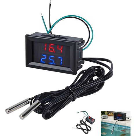 Thermomètre Numérique LED Double Affichage, Testeur Température LED avec 2 Sondes Étanches DC 4-28V, Plage -55°C à +120°C, Thermomètre Digital Étanche pour Aquarium Réfrigérateur Incubateur (1/5)