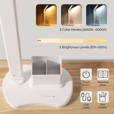 Lampe de Bureau LED, 3 Luminosité 3 Couleurs Lampe Bureau, Protection des Yeu Lumiere Bureau Alimentation USB-C pour Lire Étude Portable Pliable, Tactile, Dimmable, pour Enfant,Chambre,Burea
