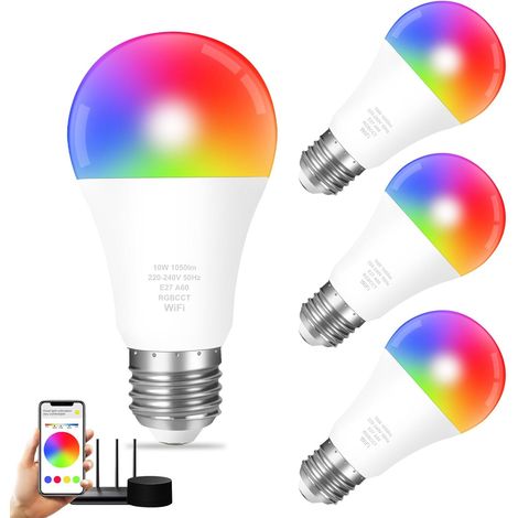 Smart WiFi ampoule LED E27,10W ampoule changeant de couleur, contrôle d'APP, compatible avec Alexa / Google Home, RGB + CCT, Dimmable, 2700K-6500K, Aucun hub requis, 4 Pack (2.4GHz seulement)