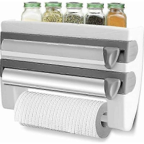 Porte-papier aluminium et film plastique, porte-rouleau de papier avec lames tranchantes et support de rangement, pour la cuisine et la salle de bain (1/5)