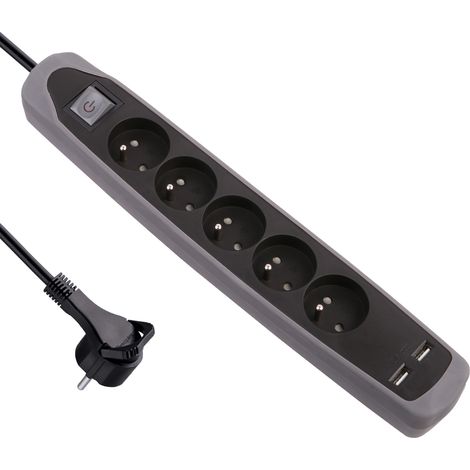 Bloc Multiprise 5 prises et 2 USB avec interrupteur, Couverture en silicone antidérapant, Câble 2M, fiche plat