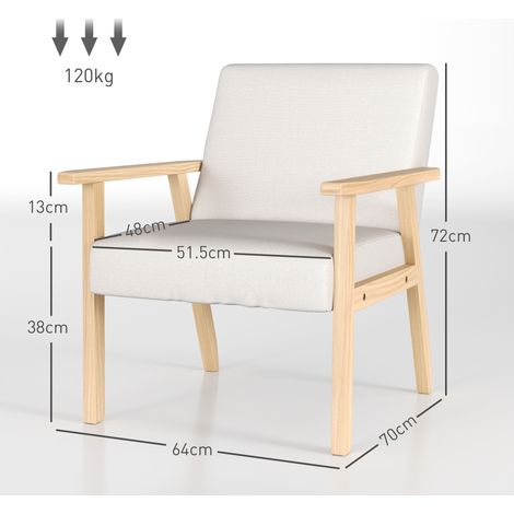 Fauteuil relax avec accoudoirs, chaise de salon en lin, siège rembourré pour séjour et chambre, cadre en bois massif, 64 x 70 x 72 cm, blanc crème. (1/5)