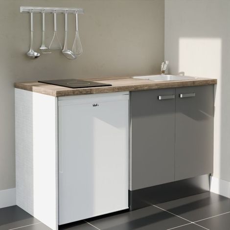 Kitchenette K17L-PT - 140 cm avec plan de travail et évier - Façade Gris - Plan Bois - Evier Inox - Crédences Non