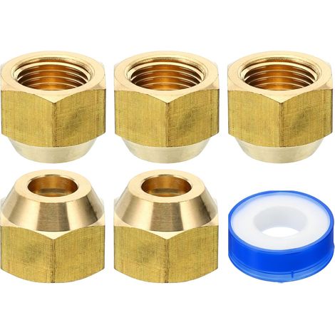 3/8 SAE Écrou Évasé en Laiton, 5 Pcs 45 Degrés Raccord de Tube Évasé en Cuivre, Capuchon de Raccord de Tuyau en Laiton avec Ruban Adhésif pour Conduite de Gaz d'Eau, Brillant (1/5)