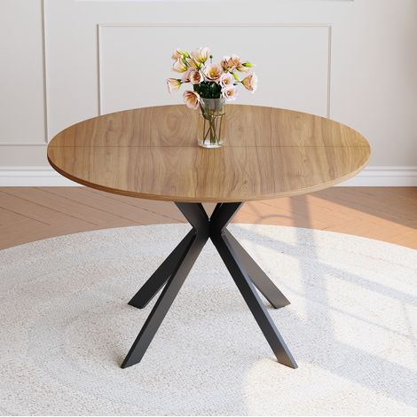 Table de comedor redonda MDF acabado nogal y metal negro, diámetro 110 cm (1/5)