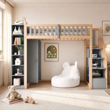Cama alta de madera gris con almacenaje 290x96,5x173 cm - sin colchón - MEUBLIV (1/5)