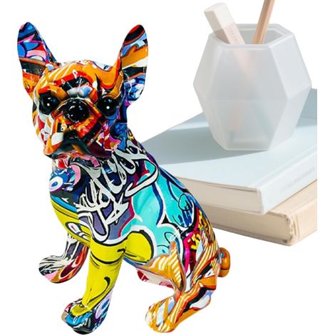 Figurine de chien debout Sculpture en résine graffiti colorée Décoration de bureau, statue de chiot esthétique pour table, chambre, étagère, casiers (1/5)