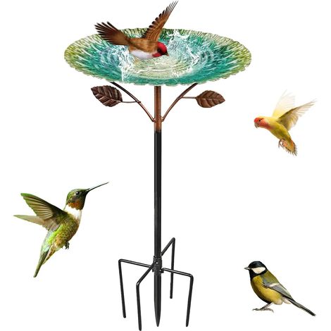 Grand bain d'oiseaux sur pied pour jardin, avec 5 bases pointues, résistant à l'hiver, 85 cm, pour oiseaux sauvages. (1/5)