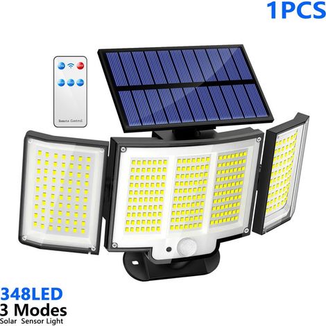 Applique murale solaire à trois têtes (348 LED) avec télécommande et détecteur de présence, idéale pour l'éclairage de terrasses, balcons et cours. Convient également aux jardins, garages, terrasses e (1/5)