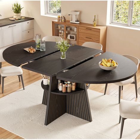 Table à manger 110/150x110x76 cm noire, extensible, avec rangement ouvert et angles arrondis (1/5)