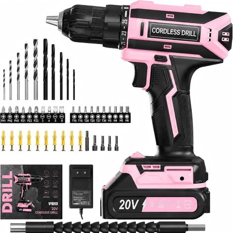 Perceuse Visseuse Sans Fil, Tournevis électrique sans fil 20V avec 25+1 Couple, Visseuse Devisseuse Couple maximal 42Nm, Lampe LED de Travail, Kit de Perceuse-visseuse de 56 pièces, Adapté DIY, Rose (1/5)