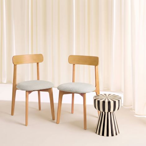Lot de 2 chaises vintage bois d'hévéa teinte naturelle et tissu texturé - Victoire Naturel / Blanc cassé (1/5)