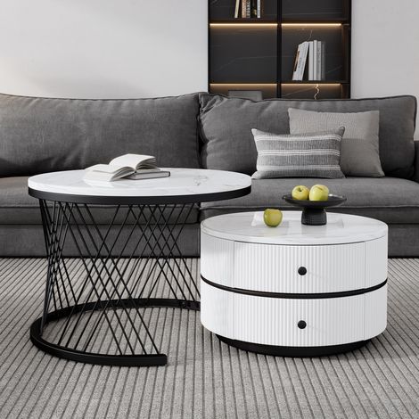 Elegantes 2-teiliges, weißes Couchtisch-Set in Nestform, 606046cm & 505031cm, runde Tische mit hochglänzender Marmoroptik, 2 Schubladen, bis 30kg belastbar,Nesting-Kombination Couchtisch (1/5)