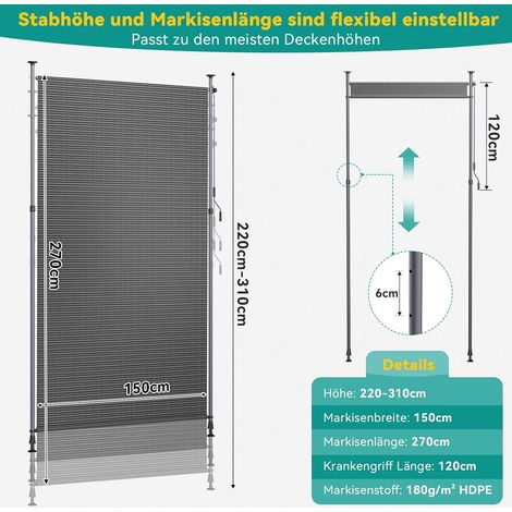 Vertikales Außenrollo, Sichtschutz, Sonnenschutz, für Balkon, Terrasse, Garten - (Grau, 150×310cm) (1/5)