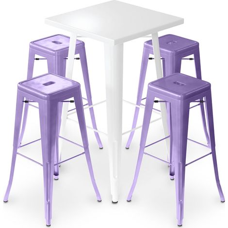 Pack White Stool Table and Pack of 4 Bar Stools - Industrial Design - Metal - New Edition - Bistrot Stylix Pastel purple
