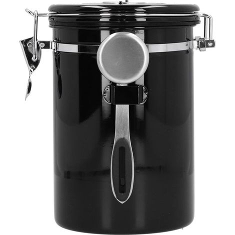 Boîte à café en grains avec valve d'échappement, en acier inoxydable, avec cuillère intégrée, noire (1/5)