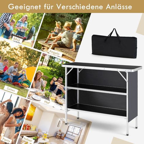 Mesa plegable de aluminio para camping con estantes de 2 niveles, color negro.