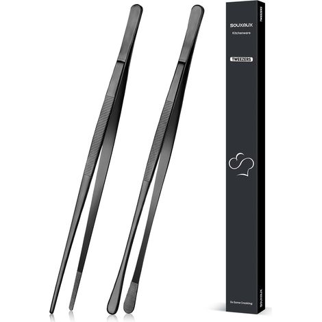 Pinces Cuisine - Lot de 2 - Acier Inoxydable - Pointes Dentelées - Barbecue et Placage - 30,5 cm Noir (1/5)