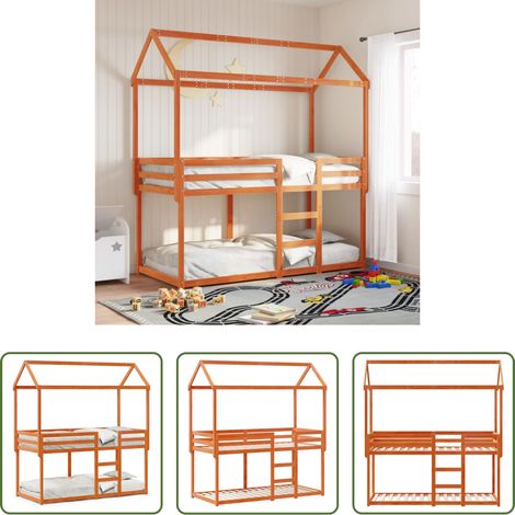 Kinderzimmer -  Etagenbett mit Dach Wachsbraun 80x200 cm Massivholz Kiefer