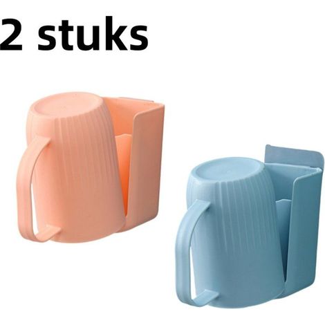 Lot de 2 : porte-brosse à dents, porte-gobelet pour brosse à dents, étagère murale sans perçage, bleu et rose. (1/5)