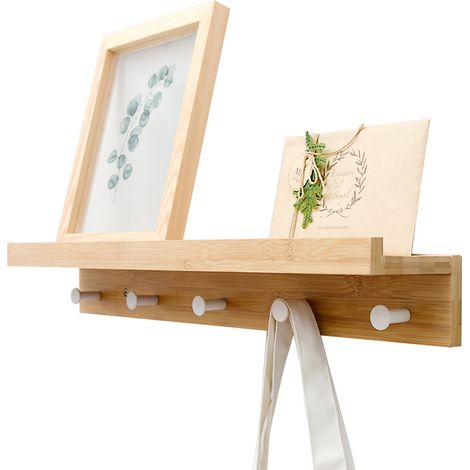 étagère Murale avec 5 Crochets en Bois Bambou 62 x 8 x 12 CM - étagère Porte Clé pour entrée, salon, cuisine, salle de bain (1/5)