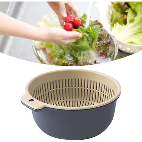 Panier à fruits et légumes rond à double compartiment, passoire de cuisine bleue (1/5)