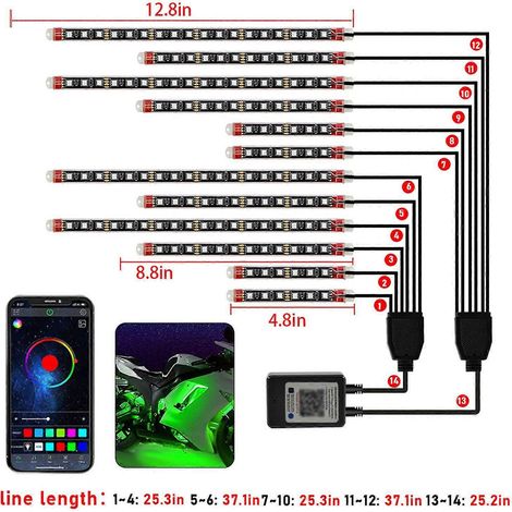 12-teiliges Motorrad-LED-Lichtset, farbenfrohe LED-Lichtleisten mit App-Steuerung, IP65 wasserdicht