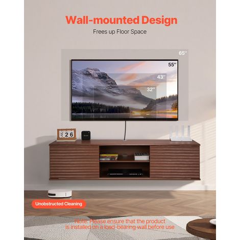 Meuble TV flottant, 152 cm, console multimédia murale avec étagère réglable et porte coulissante, étagère TV flottante à 2 niveaux… (1/5)