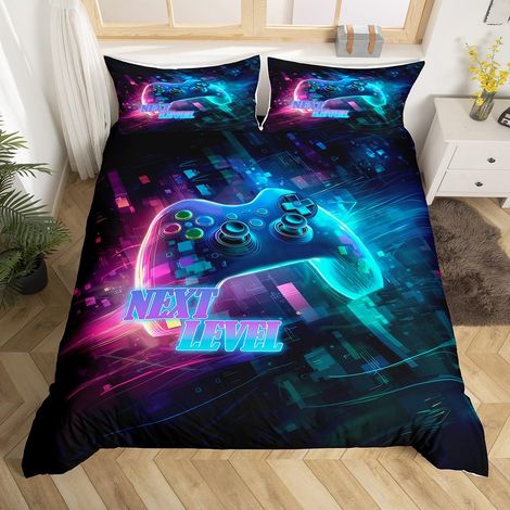 Parure de lit 2 pièces avec housse de couette 135 x 200 cm et 1 taie d'oreiller, motif manette de jeu, pour enfants, garçons et adolescents, bleu/violet (1/5)