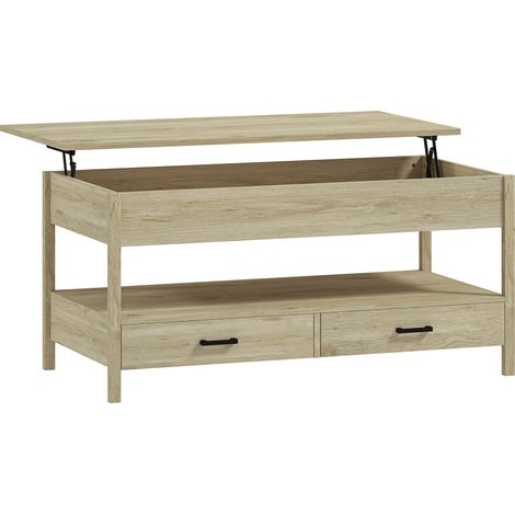 Table basse relevable 2 tiroirs étagère NORA effet bois clair (1/5)