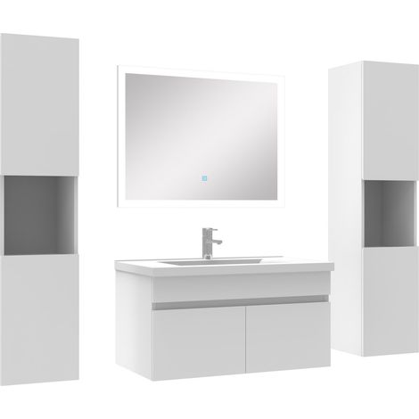 Ensemble meuble de salle de bain 80cm simple vasque + colonne de rangement + miroir lumineux Blanc