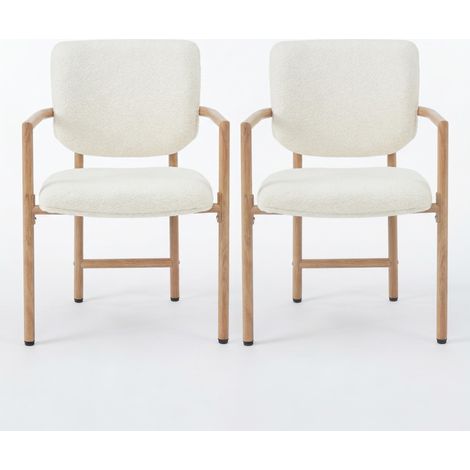 FurnitureR Dining Chairs Set of 2, Teddy Boucle Upholstered Kitchen Chairs with Wooden Effect Metal Frame & Curved Armrests, Modern Accent Chairs for Dining Room Bedroom Living Room, Cream White