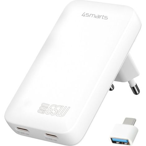 Cargador de pared 4smarts FlatPlug Slim Dual 65W GaN 2xUSB-C blanco