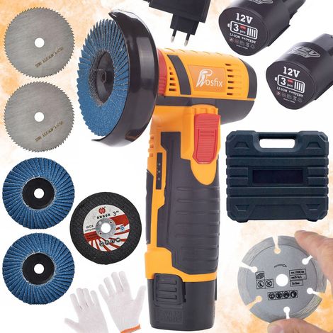 Rosfix Minischleifer Rosfix Blue Bird 12V MBB12V + Segmentierte Diamantscheibe 75mm + Fächerschleifscheibe 76mm + Kreissäge 76mm