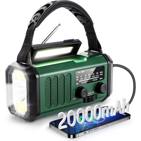 Radio di emergenza con manovella, batteria da 20000 mAh, radio meteo AM/FM, torcia a LED e lampada da lettura, allarme SOS (verde) (1/5)