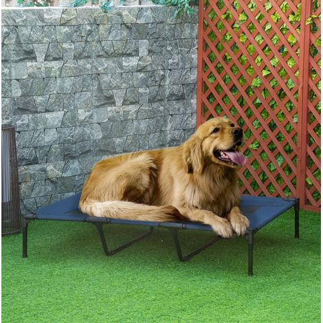 Cuccia rialzata per cani 122x92x23 cm, per viaggio e campeggio, con borsa, metallo, blu scuro (1/5)