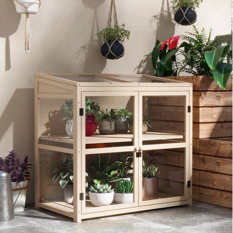 Serre de jardin en bois à 2 niveaux avec double porte magnétique et toit ouvrant réglable, pour semis et plantes, 103 x 61 x 103 cm  CHICFURN (1/5)