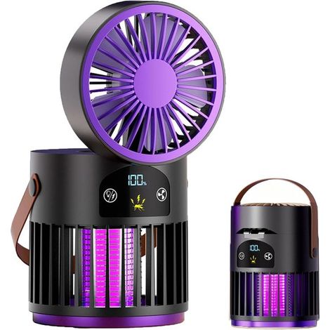 Ventilateur portable rechargeable avec lumière et piège à mouches - gris - conception à ventouse silencieuse - 5 vitesses de ventilation (1/5)