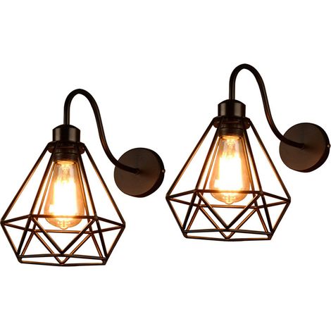 2 Piezas Retro Lámpara de Pared Industrial E27 Aplique de Pared Jaula de Diamante de Metal Negro