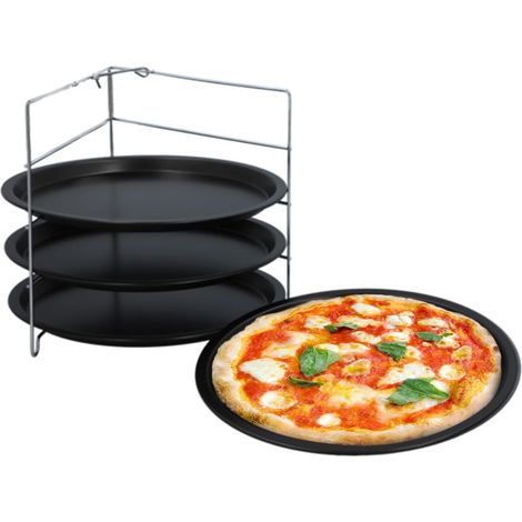 Set 4 teglie antiaderenti con supporto da forno - Teglie in acciaio da 28 cm con griglia porta teglie per pizza in Acciaio (1/5)