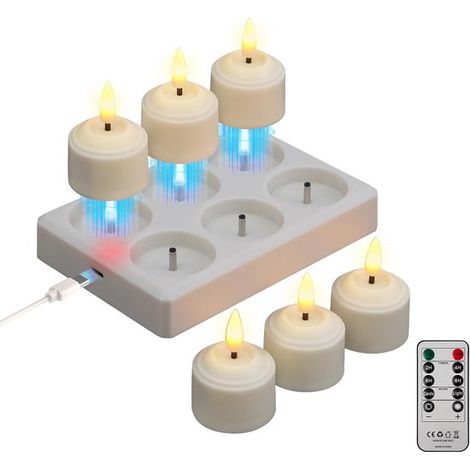 Bougies chauffe-plat LED rechargeables, éclairage d'ambiance avec station de charge, lot de 6, couleur bougie (1/5)