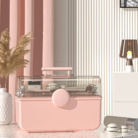 Coffret Maquillage Portable Transparent Plastique Antipoussière Grande Capacité Boîte de Rangement Rose Claire P (1/3)