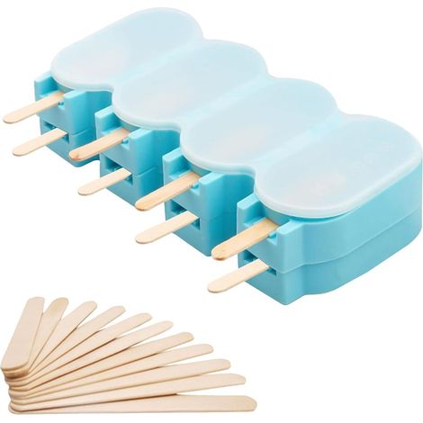 Set mit 2 Silikon-Eisformen, 4 Mulden, BPA-frei, mit 50 Stielen und Silikondeckel für Desserts, Sorbet, Pudding (blau) (1/5)