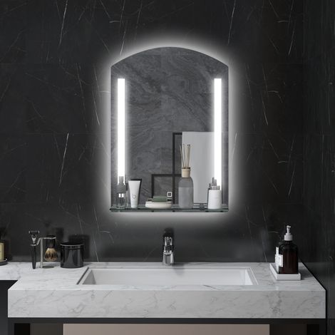 Espejo de baño LED de pared con estante de vidrio, 3 colores, 50 x 70 cm, plateado (1/5)