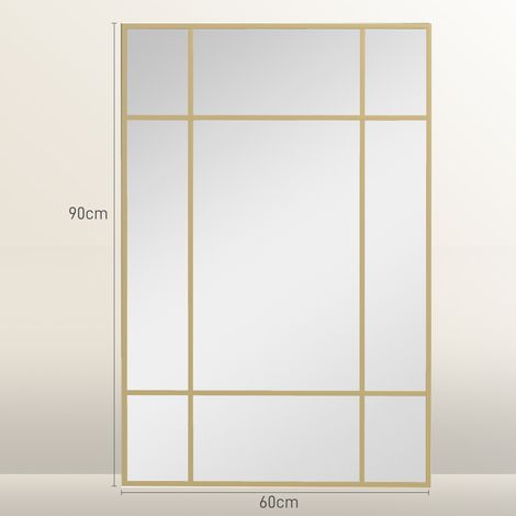 Miroir mural type fenêtre, pouvant être monté verticalement ou horizontalement, 90 x 60 cm, doré. (1/5)