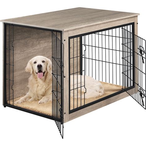 Yaheetech Cage pour Chien en Bois Cage pour Chiots Intérieur avec 2 Portes Grillagées à Double Serrure Niche Industriel avec Tapis Pelucheux Antidérapant 96 cm L × 65 cm l × 67 cm H Gris (1/5)