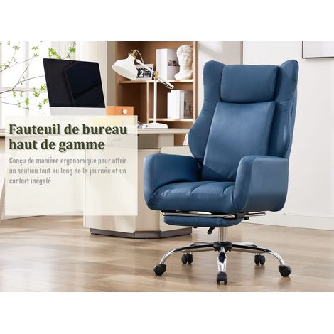 Fauteuil de bureau haut dossier avec appui-tête et soutien lombaire, accoudoirs réglables, repose-pieds, revêtement PU, capacité de charge 136 kg, couleur bleue (1/5)