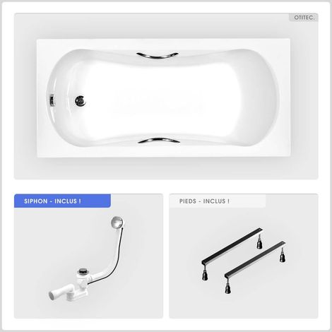 Baignoire rectangulaire - 150 x 70 cm - sans Habillage - avec Pieds - Poignées - Vidage Chrome - ARIA PLUS (1/5)