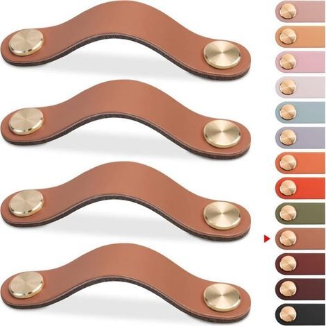A set of 4 leather furniture handles, cabinet door handles and drawer handles (light brown, 96 mm). (1/5)