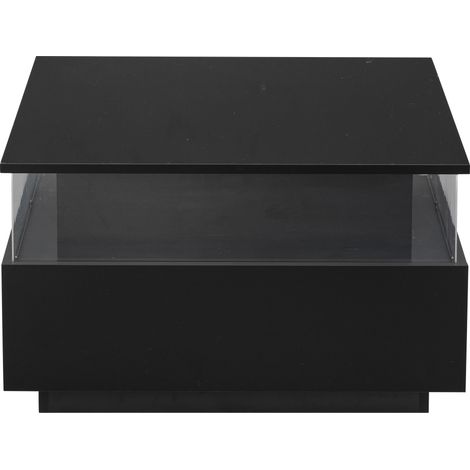 Table basse moderne noire brillante 70x70x41 cm avec LED, 2 tiroirs et espace de présentation transparent (1/5)